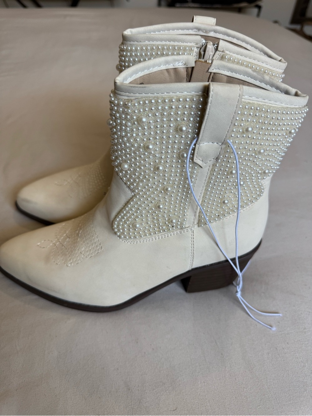 Pearl-Studded Cream Western Ankle Booties
